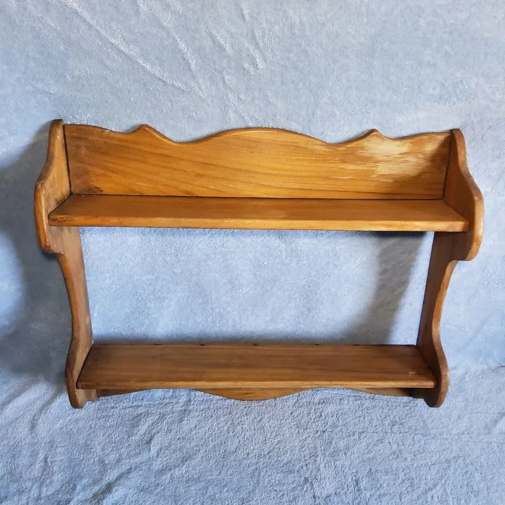 Vintage Wood 2 Tier Wall Shelf Country Rustic Spice Rack Display Scalloped 19.5